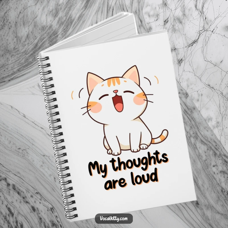 Funny notebook cover showing a simplified cat with an open mouth emitting sound waves, perfect for jotting down loud ideas.