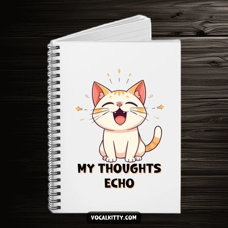 Funny notebook with a cat emitting amplified sound waves, encouraging users to fill it with loud and expressive ideas. Creative and humorous stationery.