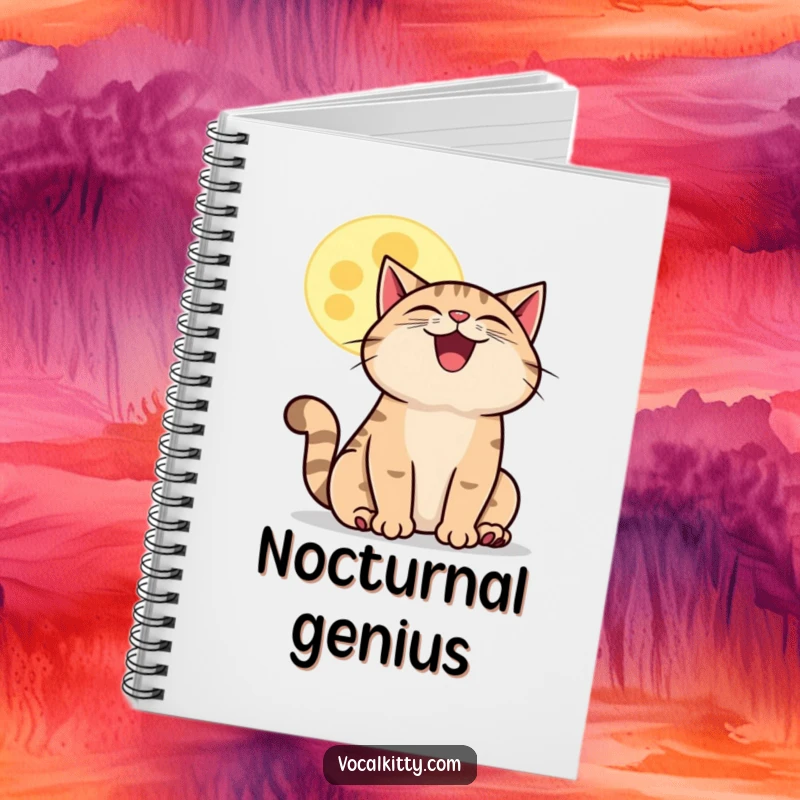 Funny howling cat moon notebook, featuring a grinning cat howling at a cartoon moon, ideal for writing and creative expression.