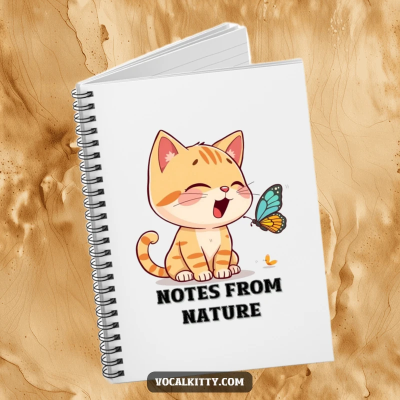 Funny Notebook featuring a cat character animatedly chatting with a tiny butterfly, inspiring creative note-taking.