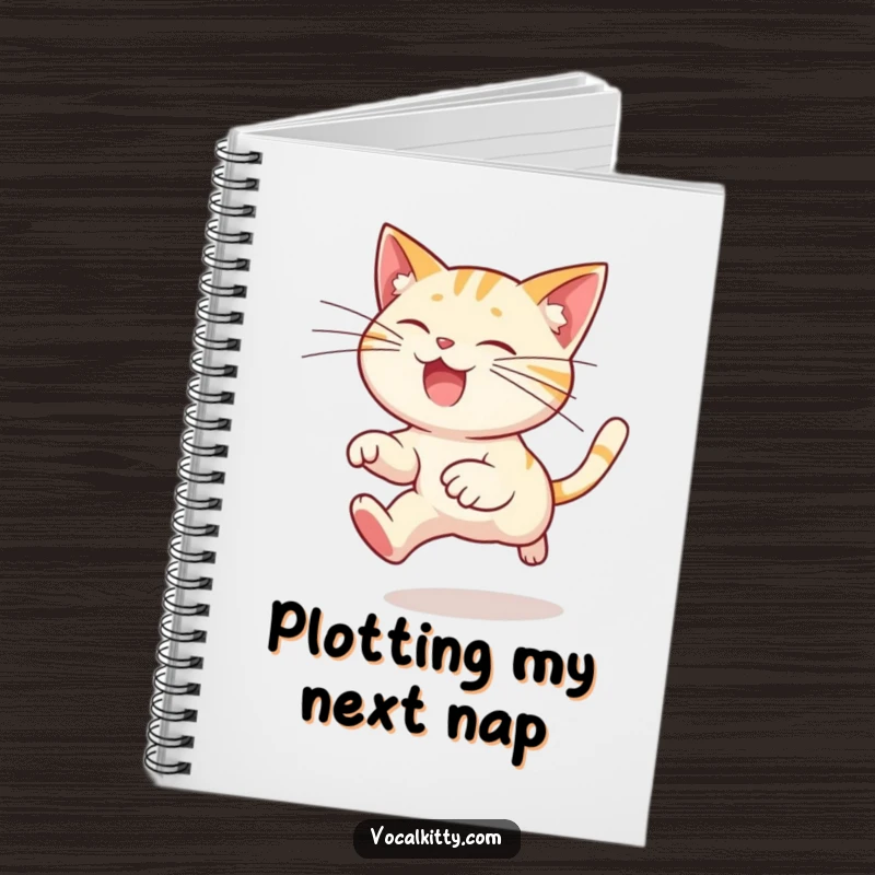 Funny cat notebook featuring a cartoon cat character leaping with exaggeratedly long whiskers trailing, perfect for jotting down funny thoughts and ideas.
