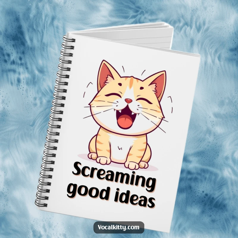Funny cat notebook with a cat whose mouth is open and sound waves are emanating, symbolizing loud ideas.