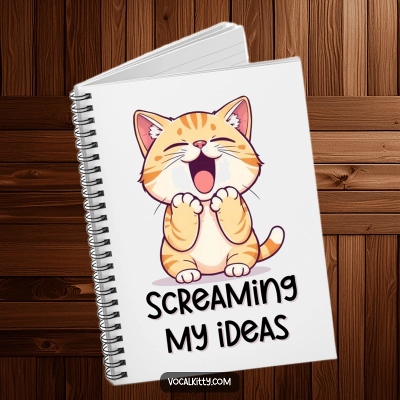 Funny cat notebook cover featuring a determined cat practicing a loud yell, paws cupped, ready to capture every important note.