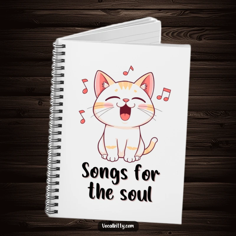 Funny notebook cover with a cat singing with its mouth wide open and musical notes flying out, perfect for jotting down ideas with a musical flair.
