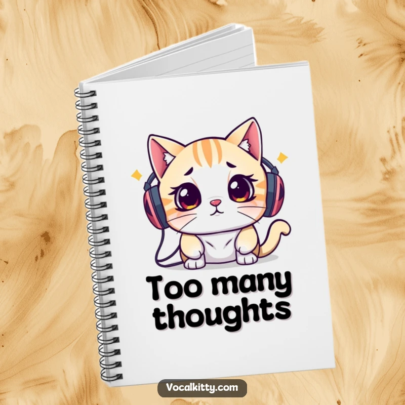 Funny notebook cover showing a cat with speakers on its head looking stressed, inspiring users to write down their quietest reflections.