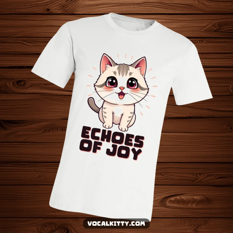 Funny cat t-shirt depicting a cat with an intensely excited expression, with concentric echo rings radiating outwards, signifying amplified happiness.