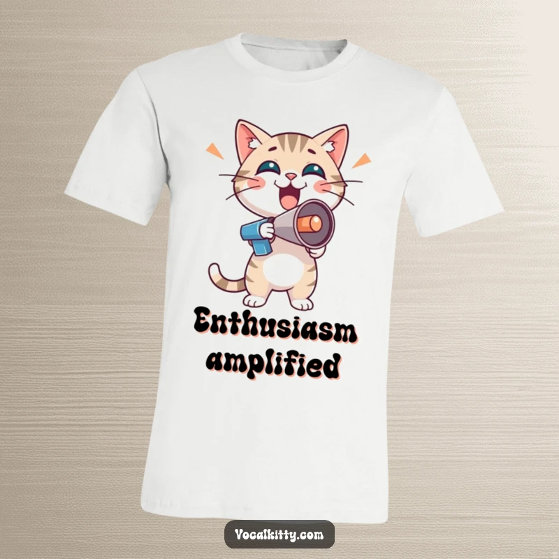 Funny cat character with a tiny megaphone, radiating boisterous enthusiasm, on a t-shirt, ready to shout.
