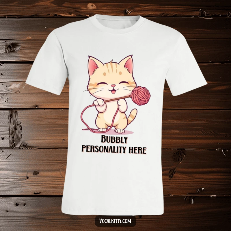 Funny T-Shirt showing a cat playfully batting at a shimmering, floating soap bubble with its paws.