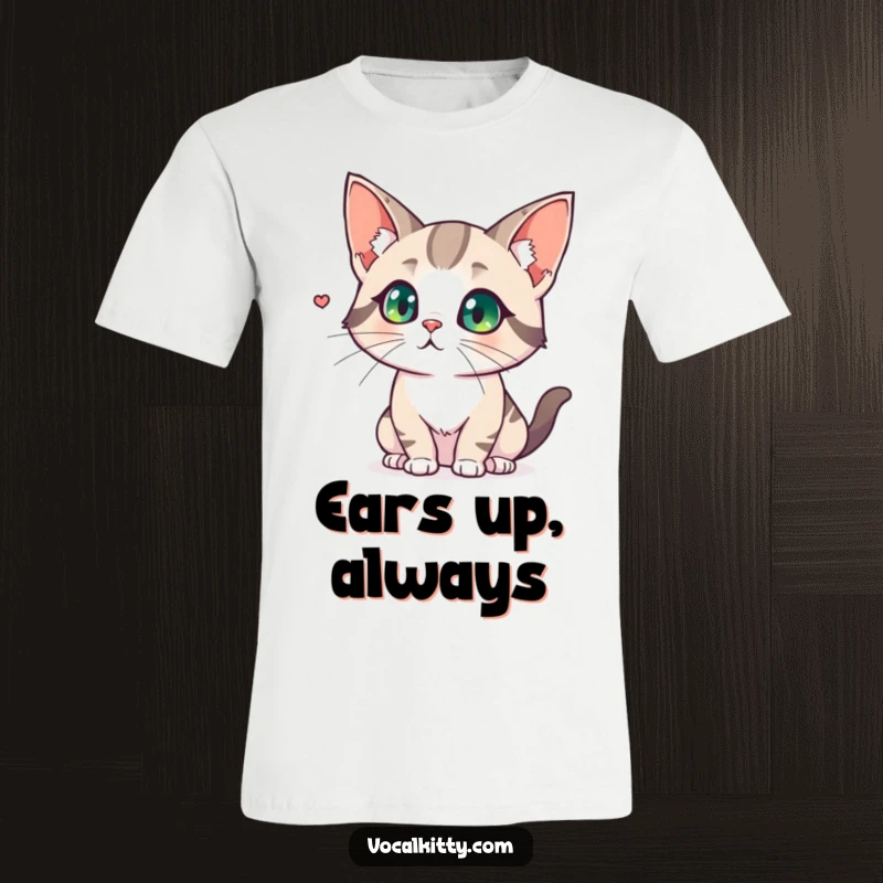 Funny t-shirt featuring a cat with oversized, flared ears, displaying intense focus on an unheard, distant sound.