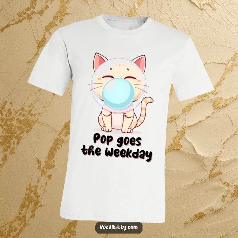 Funny Cat Blowing Giant Bubblegum Bubble About to Pop T-Shirt - Humorous Feline Art