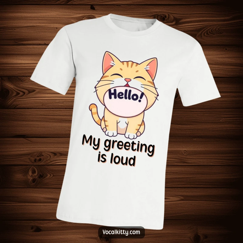 Funny cat with a giant oval mouth shouting 'Hello!', bold graphic tee, cheerful expression.