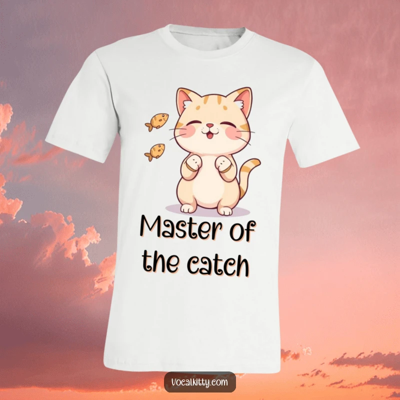 Funny cat t-shirt featuring a cat character skillfully juggling three tiny fish with its paws, showcasing humorous dexterity.