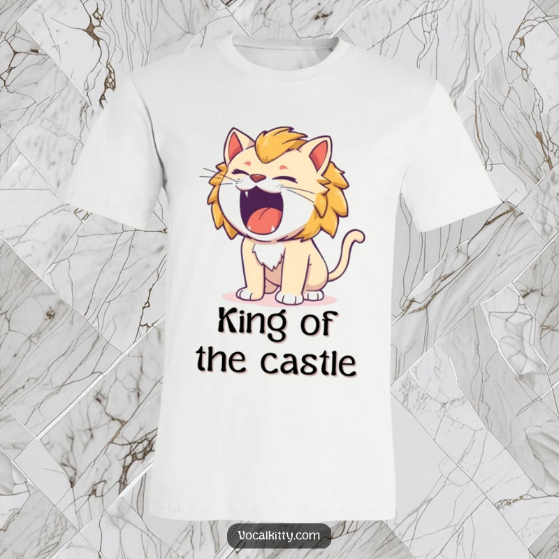 Funny cat roaring like a miniature lion, intense expression, graphic t-shirt.