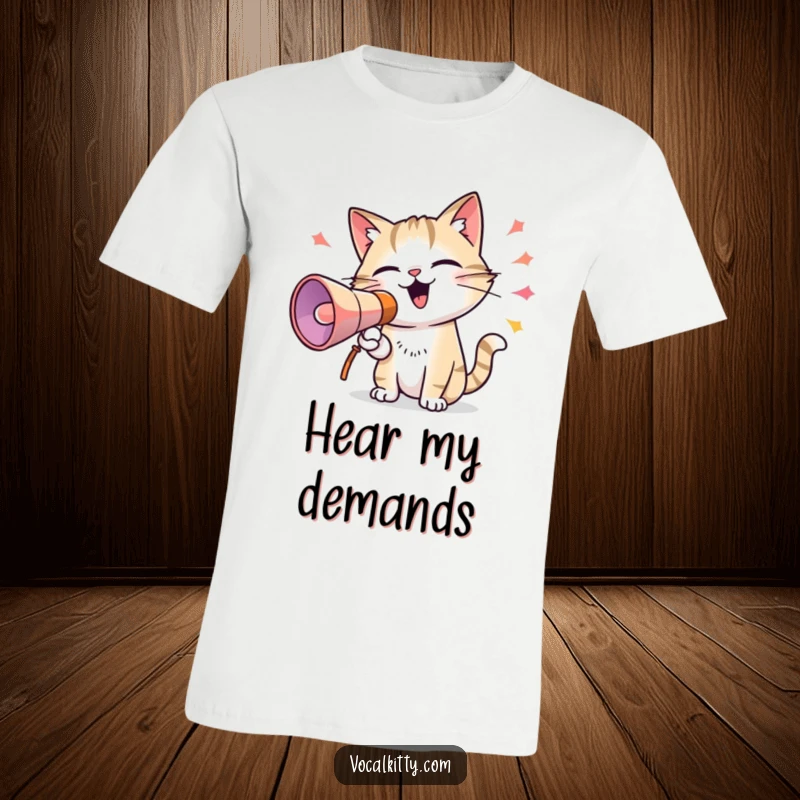 Funny t-shirt with a cat using a megaphone, producing vibrant sound waves, symbolizing a loud, proud, and attention-grabbing feline.