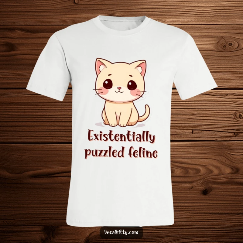 Funny Cat T-Shirt showing a small cat character with its tail curled like a question mark, expressing curiosity.