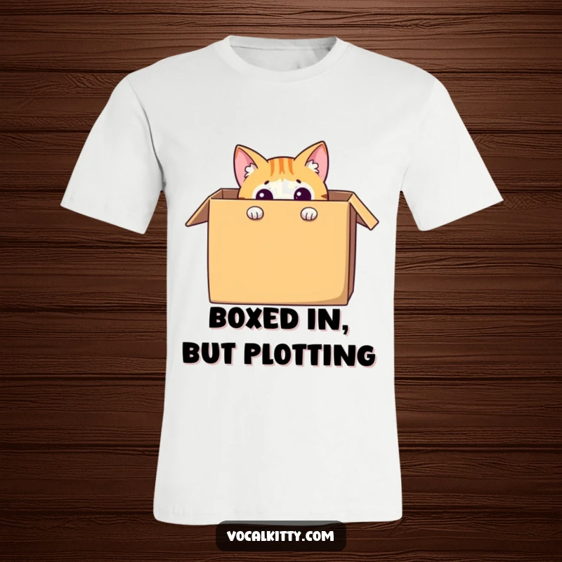 Funny cat t-shirt featuring a curious character peeking out from an oversized cardboard box, embodying playful hide-and-seek humor.