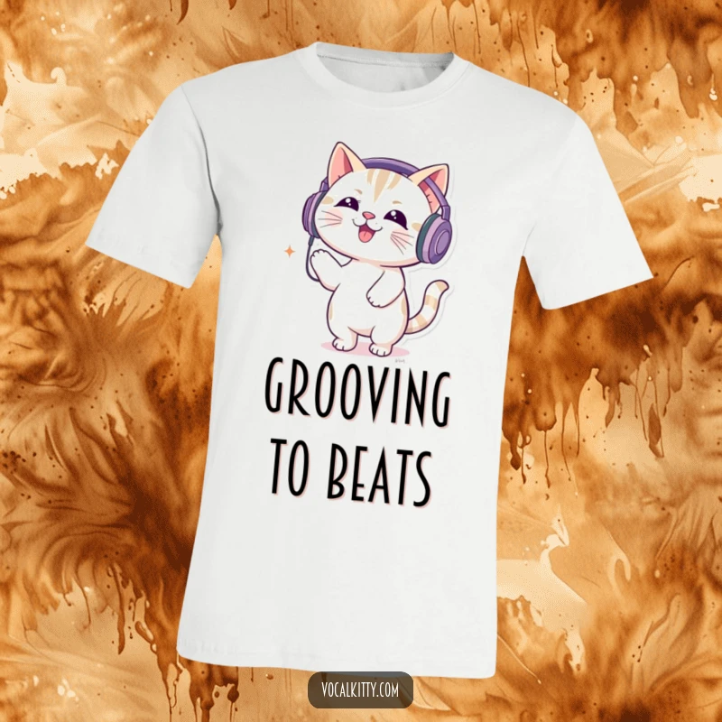 Funny t-shirt with a cat wearing large headphones, energetically bouncing to the beat of loud, invisible music.