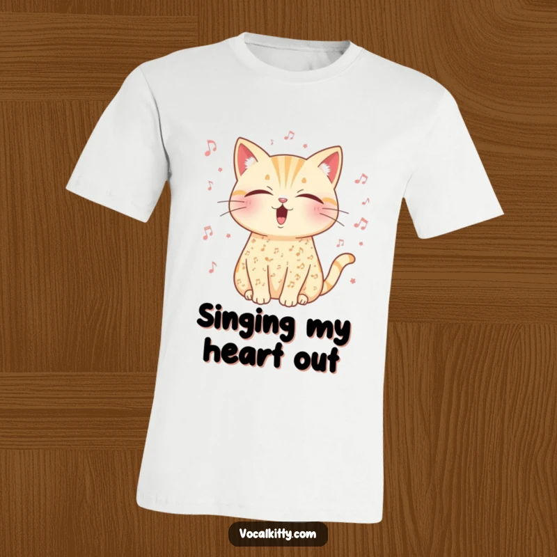 Funny musical cat t-shirt, covered in tiny musical notes, eyes closed in deep vocal exertion.