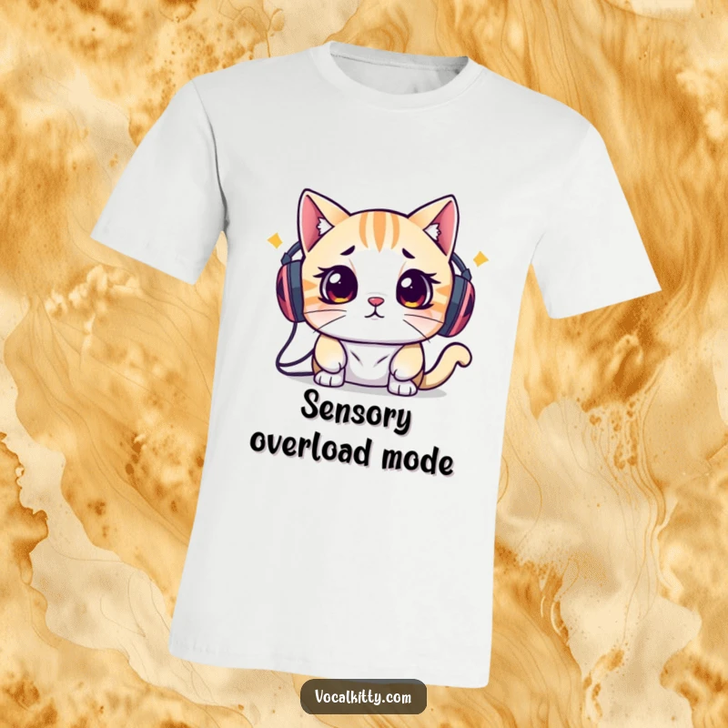 Funny T-Shirt depicting a cat with bulky speakers on its head, its expression conveying extreme overwhelm and a desire to escape the noise.