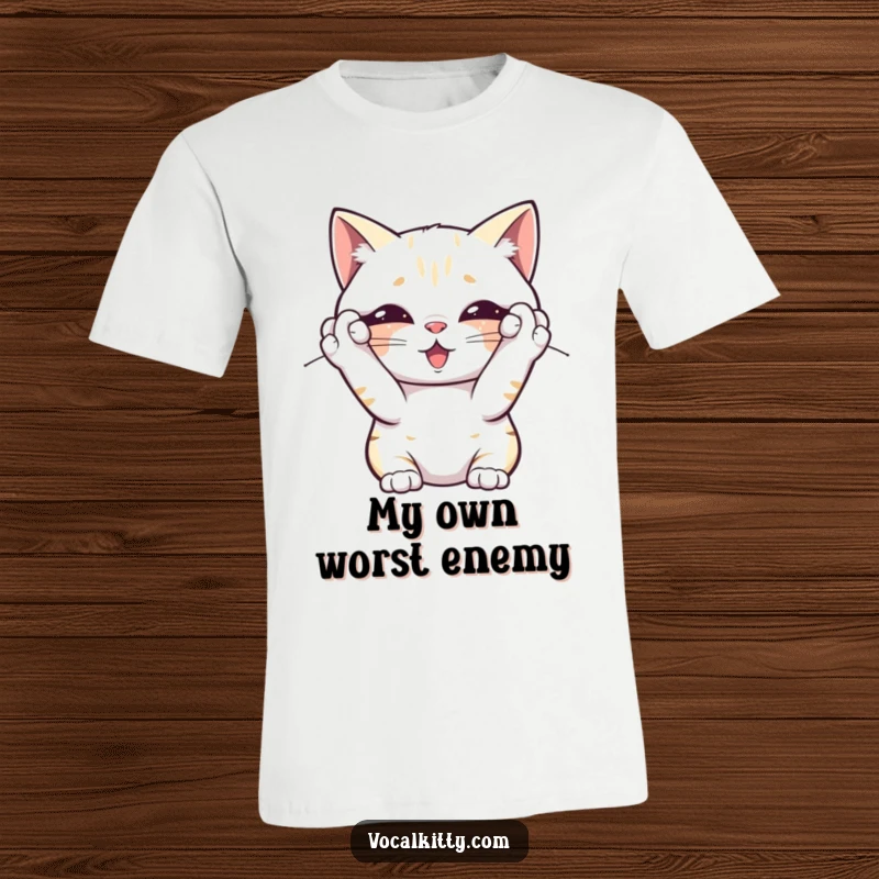 Funny t-shirt featuring a cat covering its ears, overwhelmed by its own loudness, capturing a moment of relatable, humorous stress.