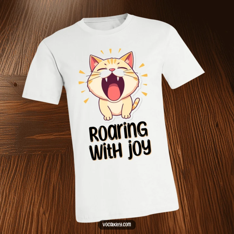 Funny T-Shirt depicting a cat character letting out a thunderous, comical roar with its mouth wide open.