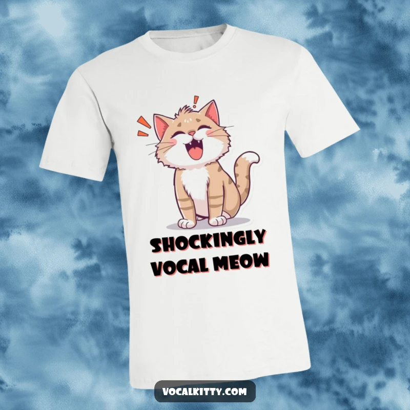 Funny shocked cat t-shirt, fur standing on end, letting out a cartoonish 'ROAR!' of surprise.