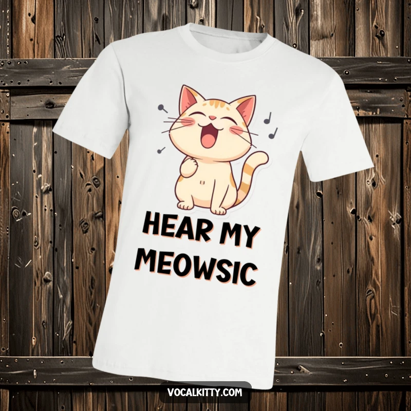 Funny t-shirt with a stylized cat belting out a song, surrounded by exaggerated, vibrating sound waves.