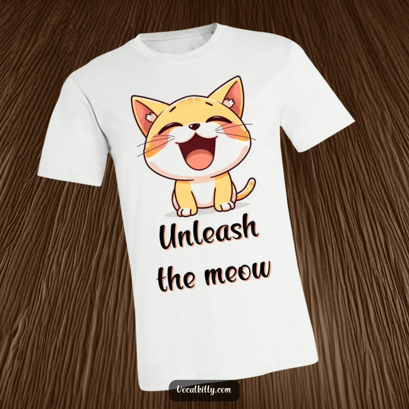 Funny t-shirt featuring a small, animated cat character gleefully yelling with a huge open mouth, full of excitement.