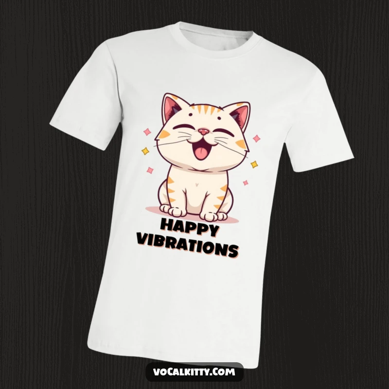 Funny t-shirt featuring a cartoon cat with visibly vibrating, exaggerated vocal cords emitting cheerful, happy sound waves.