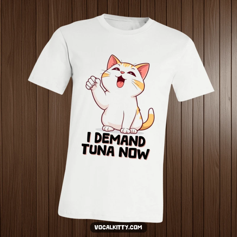 Funny t-shirt with a black cat dramatically pointing a paw to the sky, bellowing with intense, humorous expression.