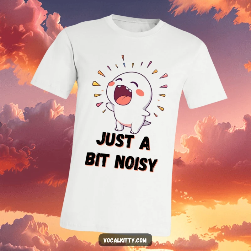 Funny T-Shirt with a character spewing a chaotic, colorful rainbow of noise from its open mouth in a boisterous display.