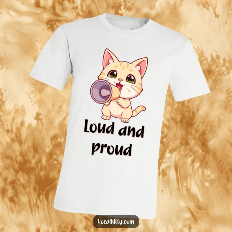 Funny T-Shirt showcasing a tiny, energetic cat amplifying its voice with a large megaphone, conveying an infectious sense of excitement.