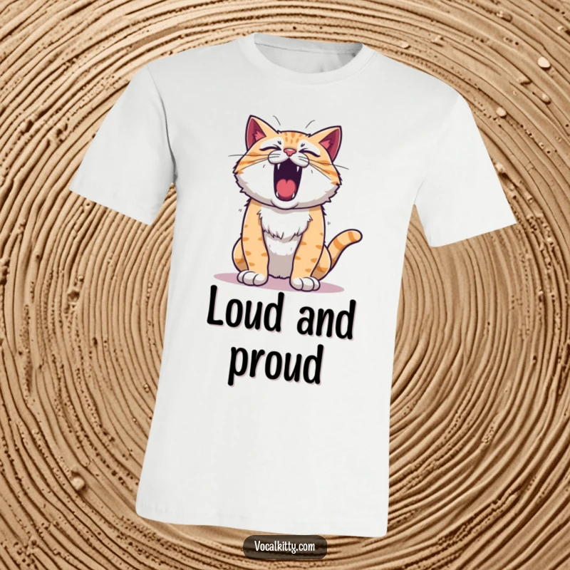 Funny roaring cat t-shirt, chest puffed out in full, mighty vocal exertion. Captures a loud and proud feline.