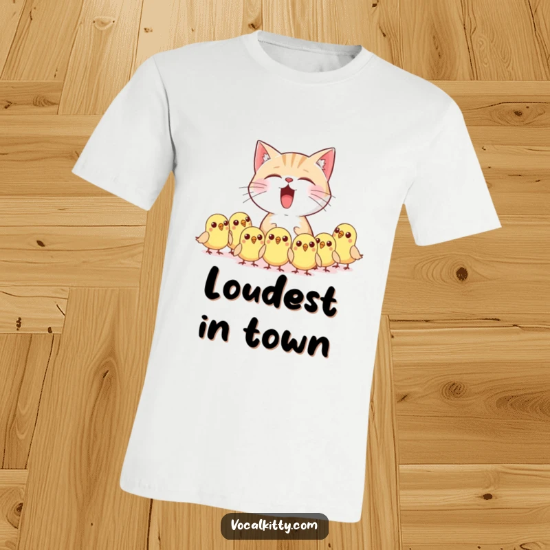 Funny cat character unleashing a loud meow, scaring small birds, who look shocked, printed on a t-shirt.