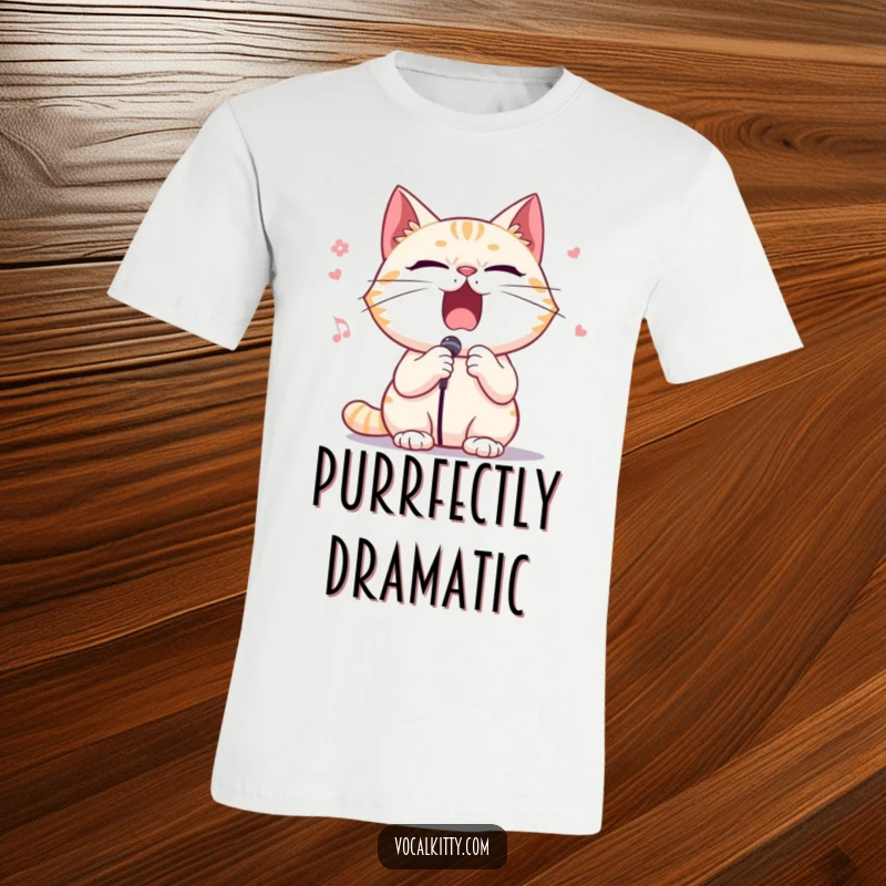 Funny t-shirt with a cat character dramatically singing opera, mouth wide open, conveying intense emotion and flair.