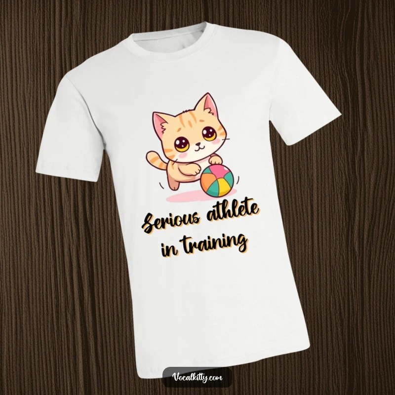 Funny cat t-shirt showing a round cat with big eyes, in hot pursuit of a brightly colored ball, full of humorous excitement.