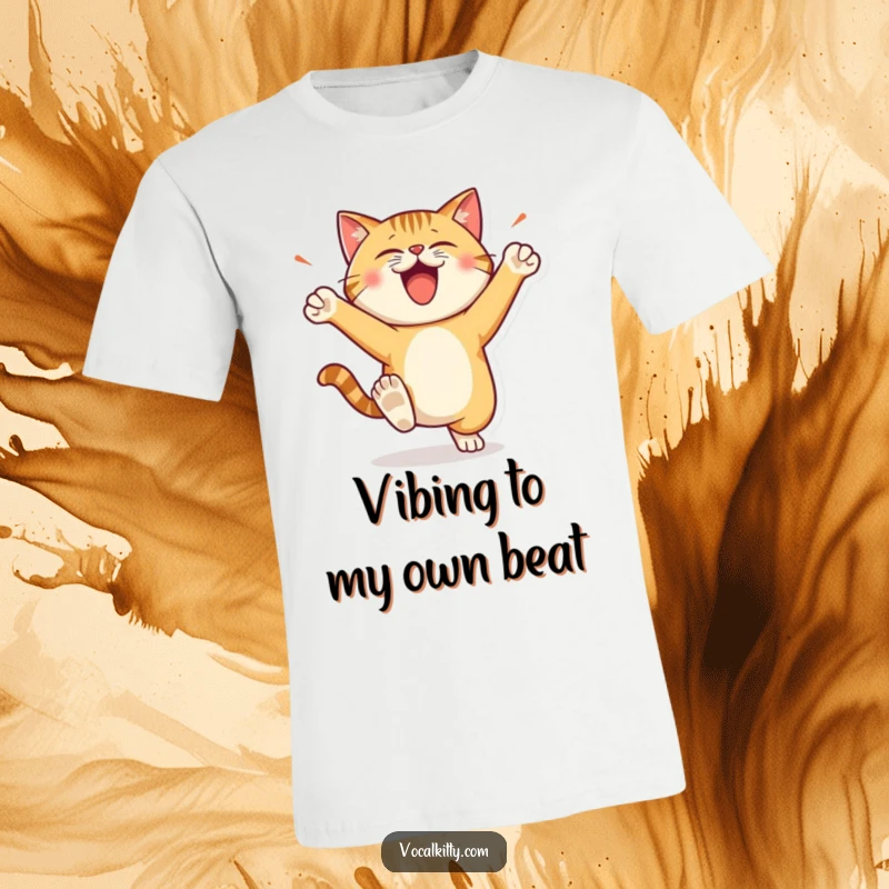 Funny T-Shirt featuring a cat character energetically stomping its feet with a loud, happy expression.