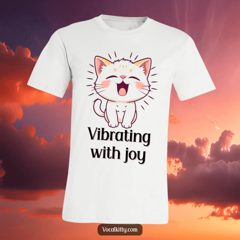 Funny cat character with visibly vibrating fur due to a powerful, funny noise, wearing a t-shirt.