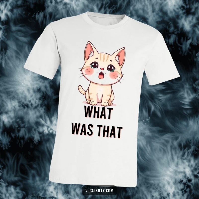 Funny startled cat t-shirt, ears perked high, conveying surprise and humorous shock at a loud noise.