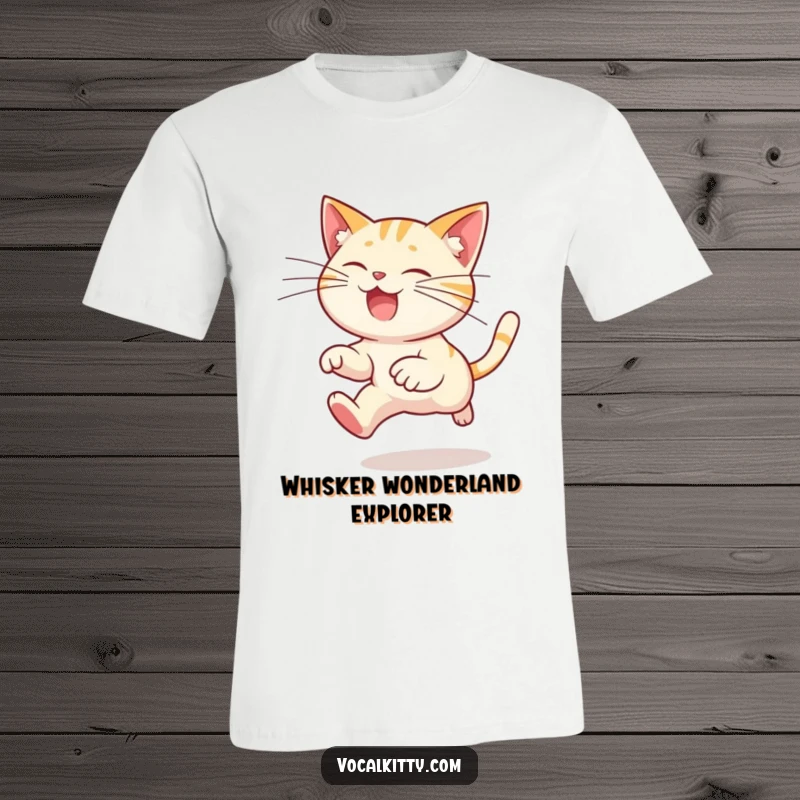 Funny cat t-shirt featuring a cartoon cat character leaping with exaggeratedly long whiskers trailing, expressing joyful abandon and humor.