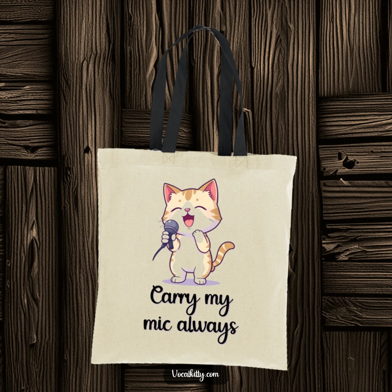 Funny tote bag showcasing a cat in a karaoke pose, enthusiastically holding a microphone, practical and fun.
