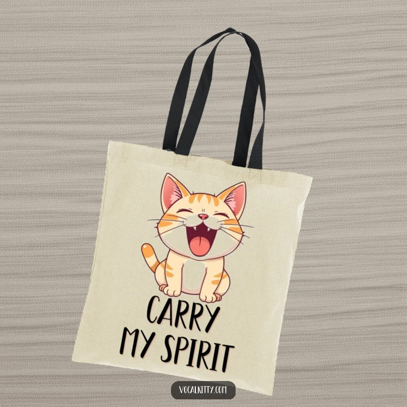 Funny Tote Bag with a cat's mouth wide open, emitting a powerful and joyful roar, symbolizing bold expression.