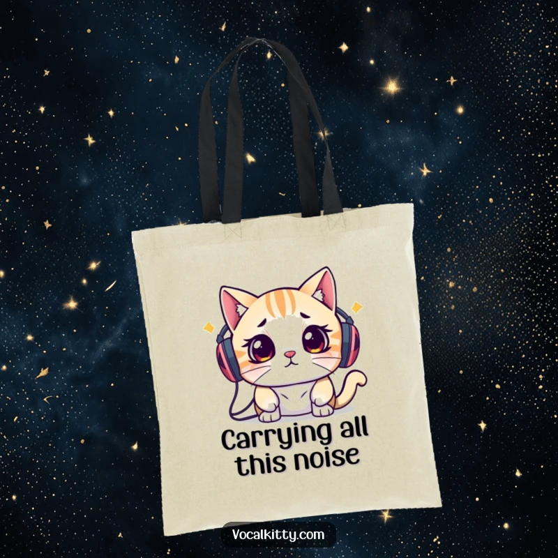 Funny tote bag with a cat drowning in sound from head speakers, visually communicating an overwhelming and humorous sense of stress.