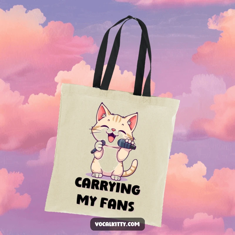 Funny tote bag with a small cat holding a microphone, paws raised in a singing pose, exuding humorous star power.