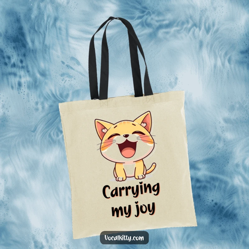 Funny tote bag with a small, vibrant cat character joyfully yelling with a wide-open mouth, ready for adventure.
