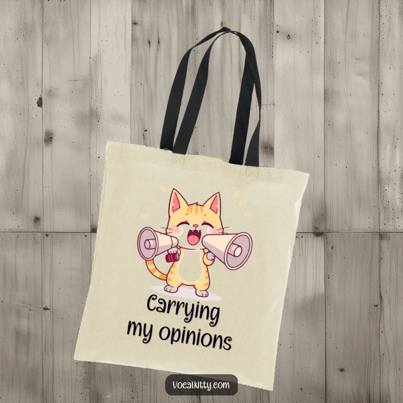 Funny cat tote bag depicting a character practicing yelling into a large megaphone, ideal for carrying groceries or catnip with flair.