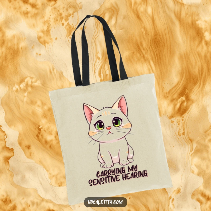 Funny tote bag with a cat sporting comically large ears, looking startled, ideal for carrying items with a humorous nod to being easily surprised.