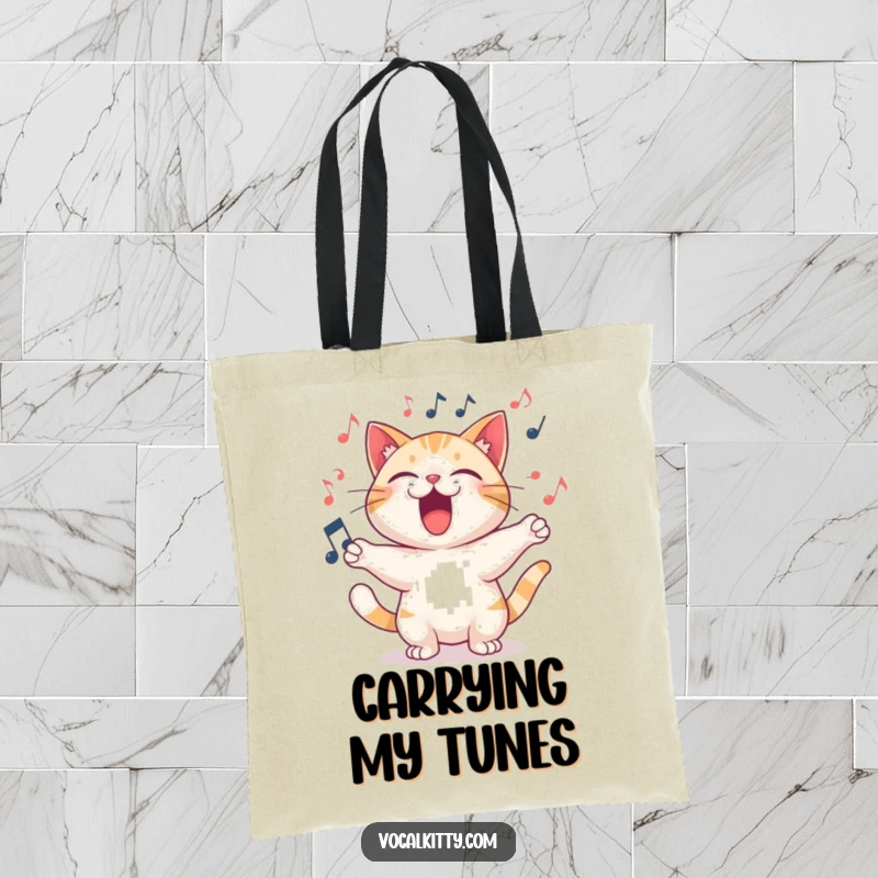 Funny Tote Bag showcasing a cat character singing loudly and joyfully amidst swirling musical notes.