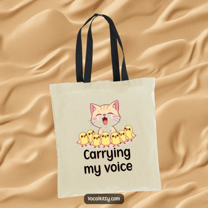 Funny cat character meowing loudly, causing tiny birds to scatter in fright, on a stylish tote bag.