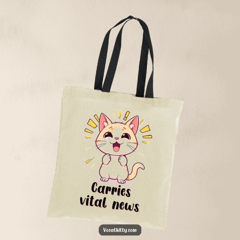 Funny cat tote bag illustration of a cat bursting with excitement, announcing something with large, dynamic sound effect word bubbles.